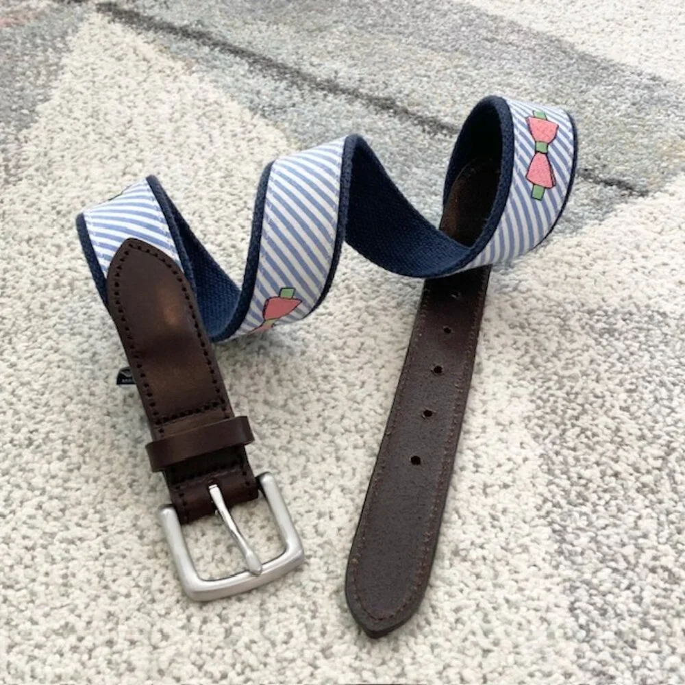 Vineyard Vines Boys Size 30 XL Kentucky Derby Seersucker Leather Bow Tie Belt